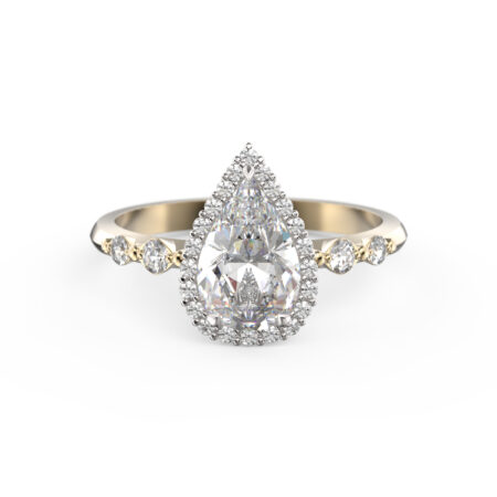 Halo-sormus pisara-hiotulla timanteilla ja runkotimanteilla